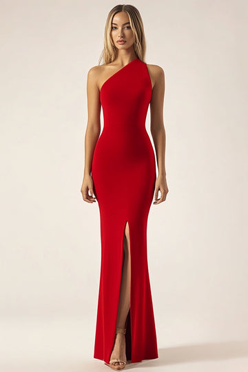 Rouge Une Épaule Sirène Satin Longue Robe de Bal Militaire avec Fente